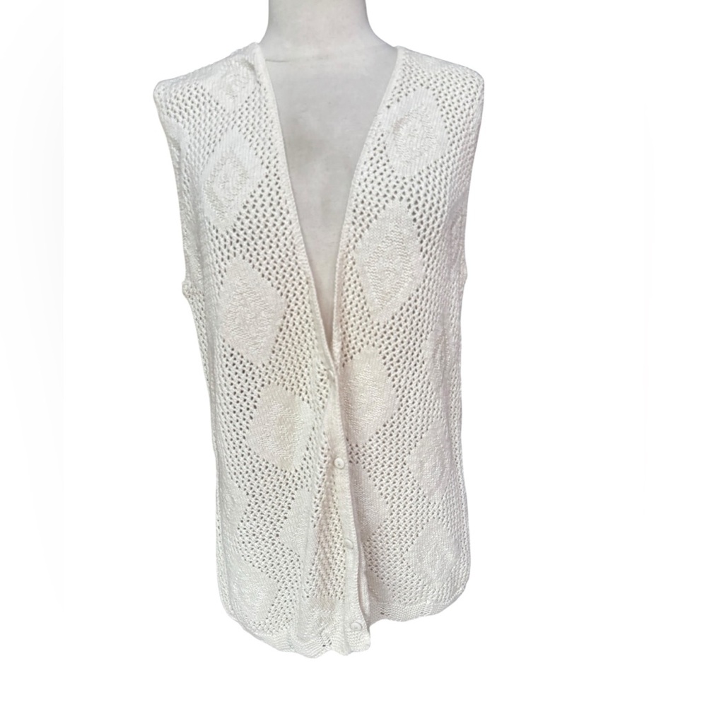 1990s Style My Way Oversized 100% Cotton Knit Open Weave Diamond Pattern Vest Ca